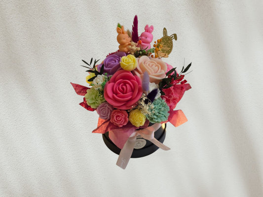 Easter scented candle flower arrangement in a medium black box