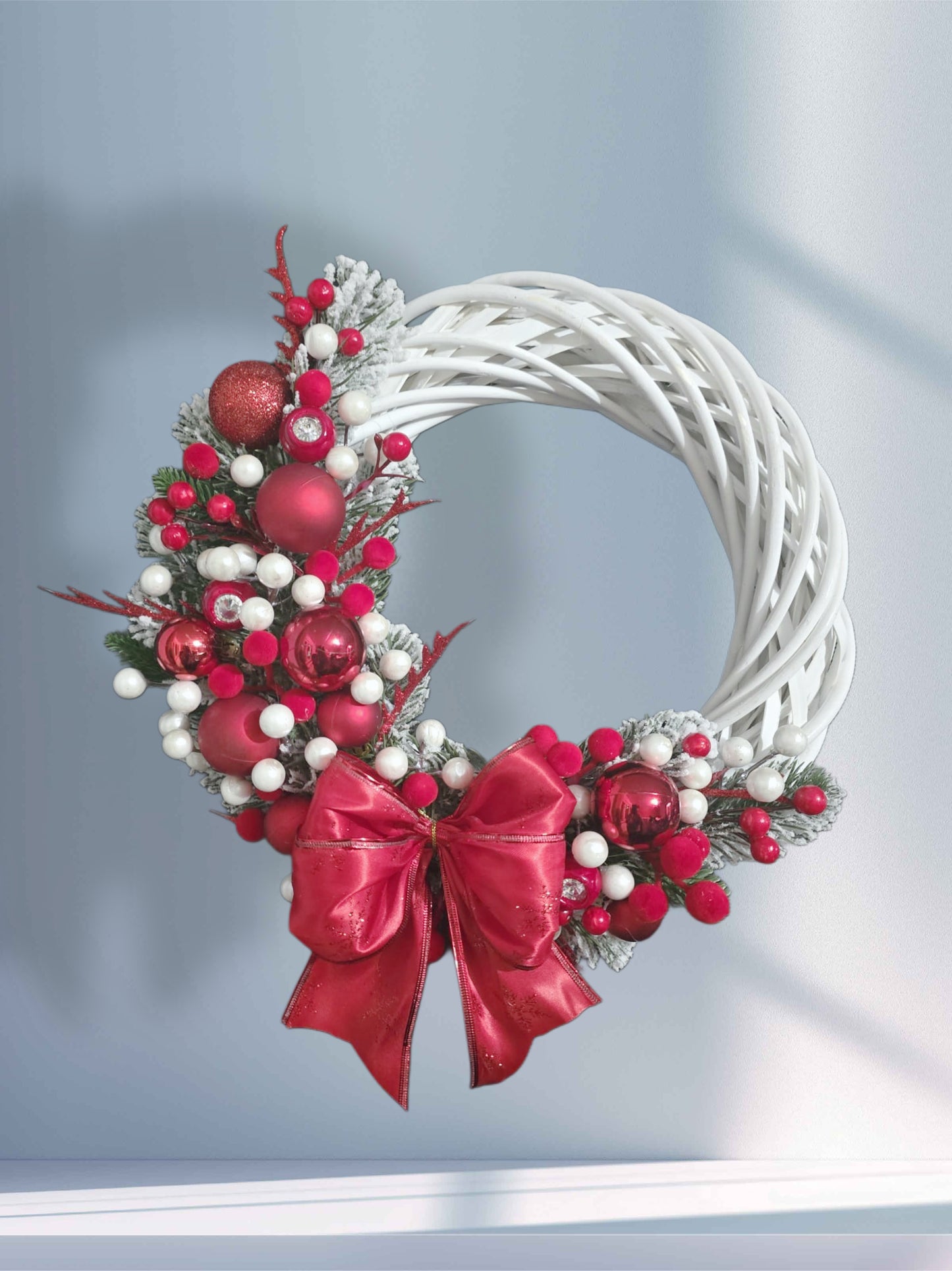 Red and White Rattan Christmas Wreath