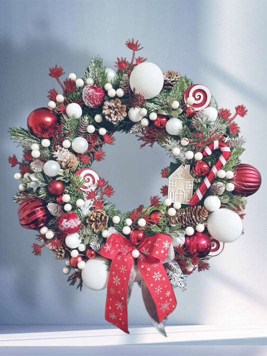 Artificial Christmas wreath in red & white
