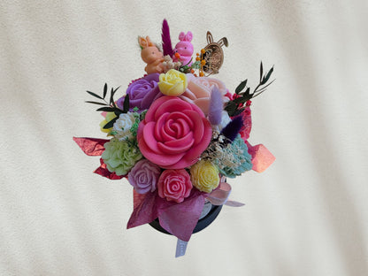 Easter scented candle flower arrangement in a medium black box