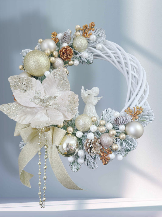 Gold and White Rattan Christmas Wreath with Angel